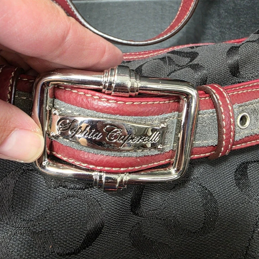 Sophia Caparelli Black‎ Red Monogram Canvas Shoulder Bag Y2K Buckle Hobo Purse